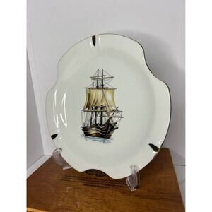 VINTAGE Ashtray Hand-Painted, WHITE CERAMIC, GOLD TRIM SAILIN